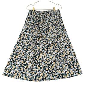 Witsmile Floral Midi Skirt Black Yellow Blue Ditsy Print Elastic Waist Pockets M